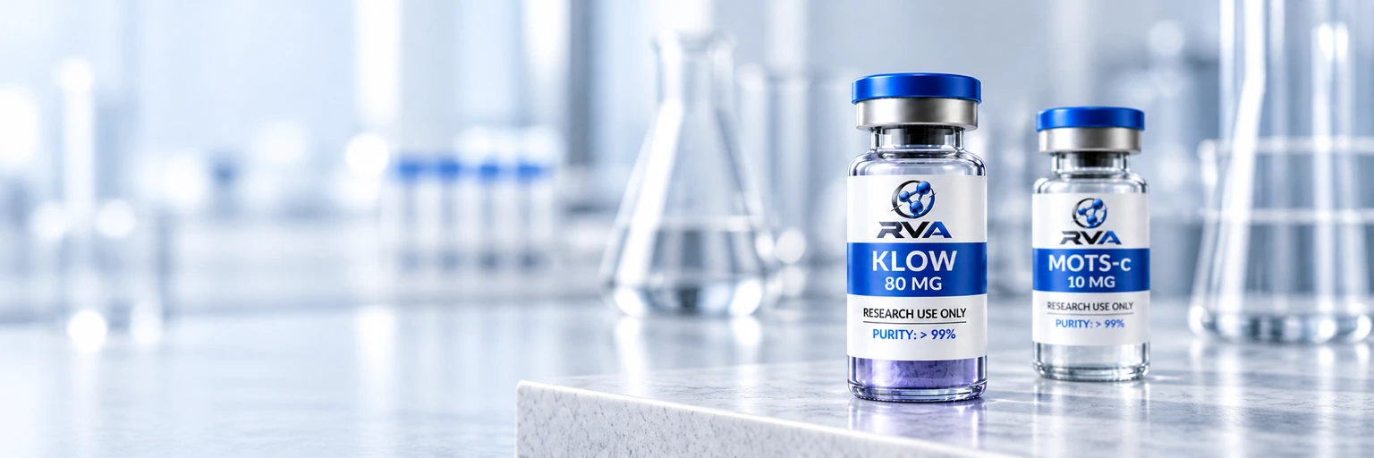 RVA KLOW 80 MG and MOTS-C 10 MG research vials in a laboratory setting
